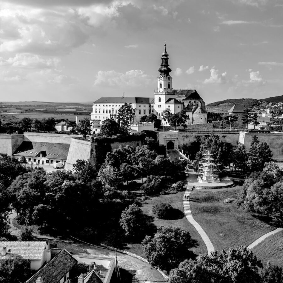 Aerial view of Nitra castle. The core of the castle is St. Emmeram's Cathedral with the Bishop's residence; the oldest surviving part is the Romanesque Church