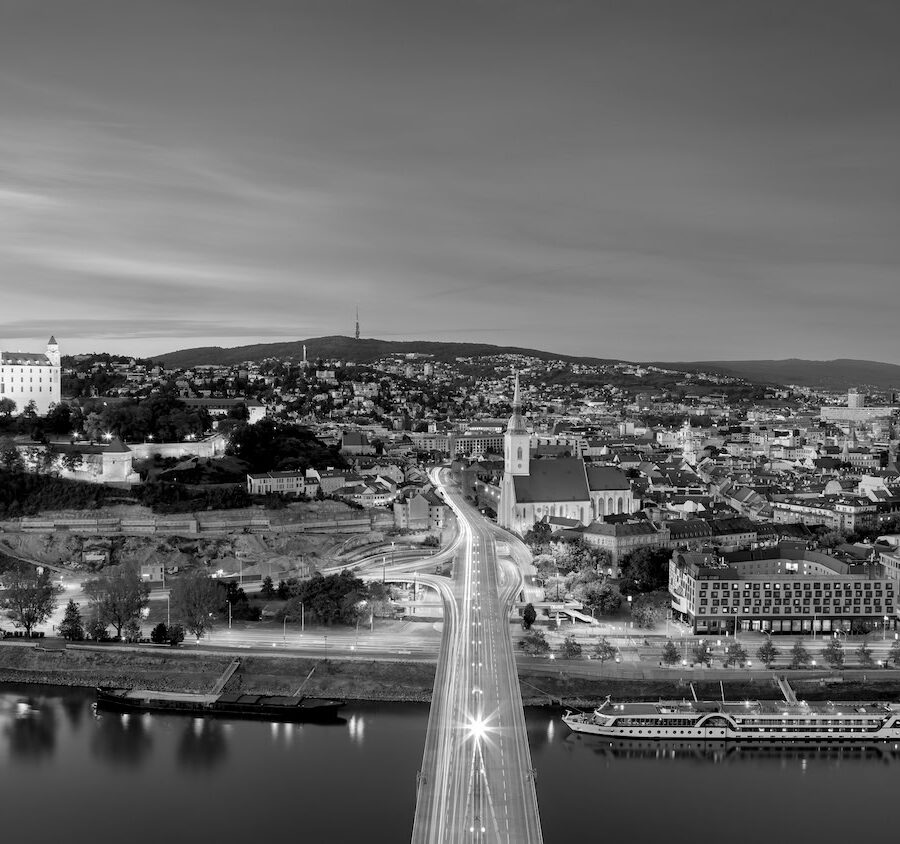 Bratislava, Slovakia. Aerial cityscape image of Bratislava, capital city of Slovakia during beautiful autumn sunset.